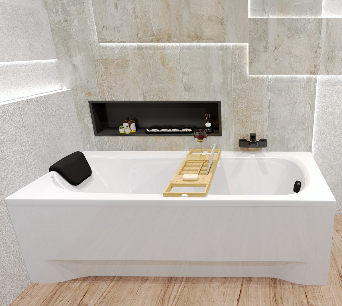Badland BONA ligbad 160 x 70 cm wit met styropor ombouw met bamboe badplank