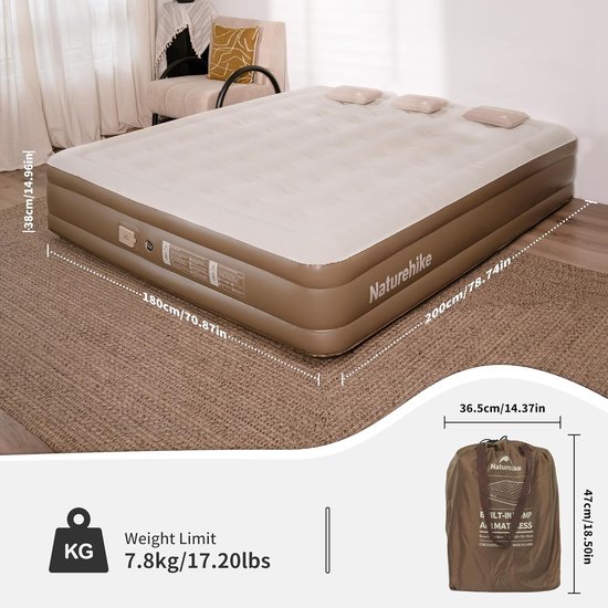 Zelfopblaasbaar 3-persoons luchtbed met batterijpomp - 200x180x38cm - voor camping en gasten - lichtgewicht en comfortabel van Merkloos — afbeelding 4