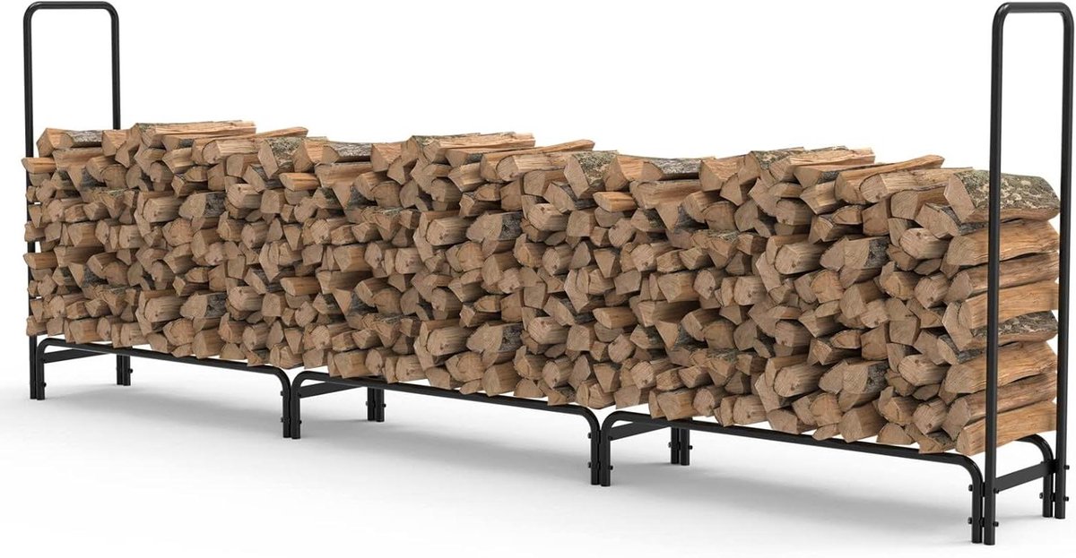 Hout Opslagrek - Hout Opslag - Haardhout Opslag - Verstelbare Breedte - 345 cm - Zwart