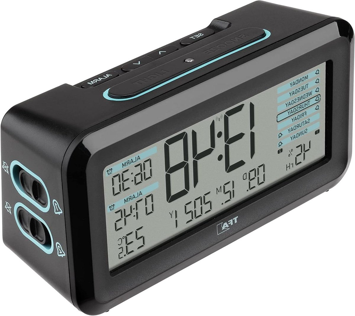 Digitale Wekker - Radiogestuurde Klok - Binnenklimaat Monitoren - Oplaadbare Batterij - 138 x 72 cm - Zwart