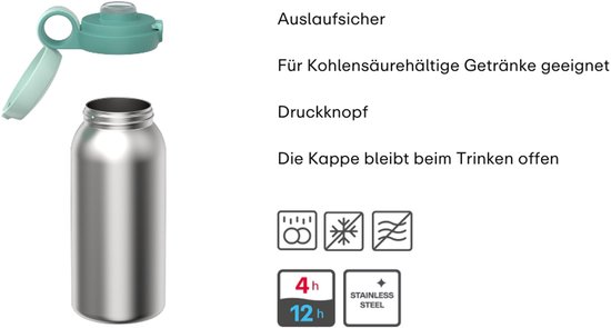 Zilverkleurige drinkfles met turquoise flessendop. Tekst: lekdicht, voor koolzuurhoudende dranken, drukknop, de dop blijft open.