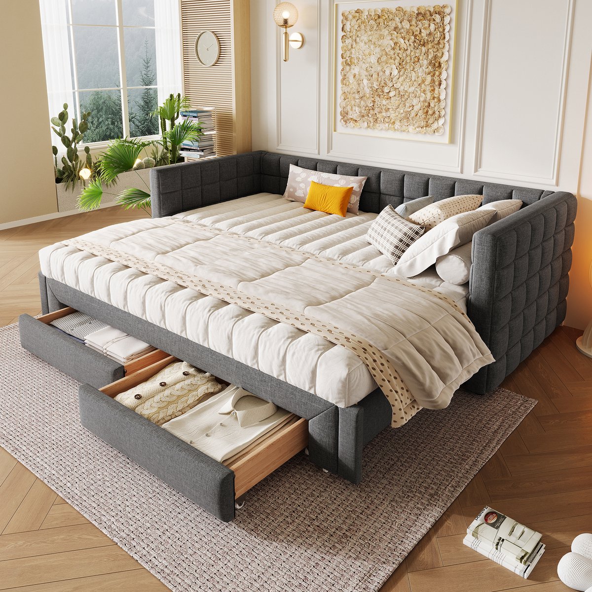 DESMIU Dagbed 90 x 200 cm - Uitschuifbaar Slaapbed Met Tweelades - Quadratische Rugleuning - Voor Woonkamer En Logeerkamer - Fluweel En Mdf - Grijs - Zonder Matras
