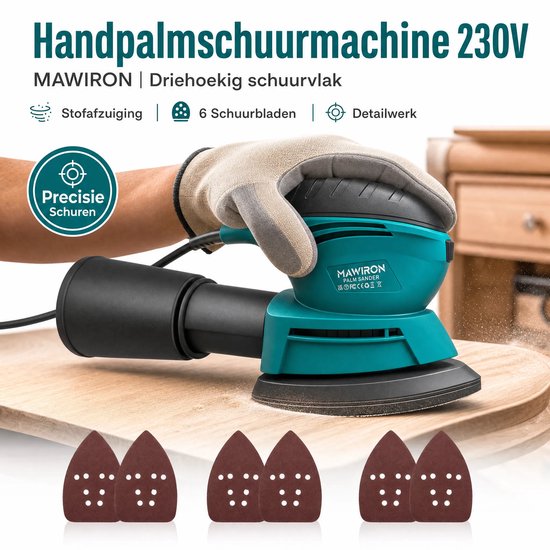 Hand palm schuurmachine, groen, gebruikt op een houten werkblad, met handschoenen en schuurpapier.