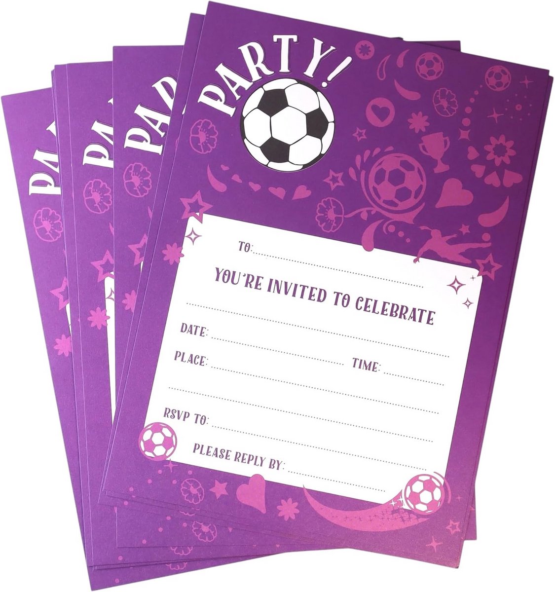 Feestuitnodigingen - Verjaardag kaarten - Kinderfeestje organiseren - Voetbal thema - 12 stuks - Paars