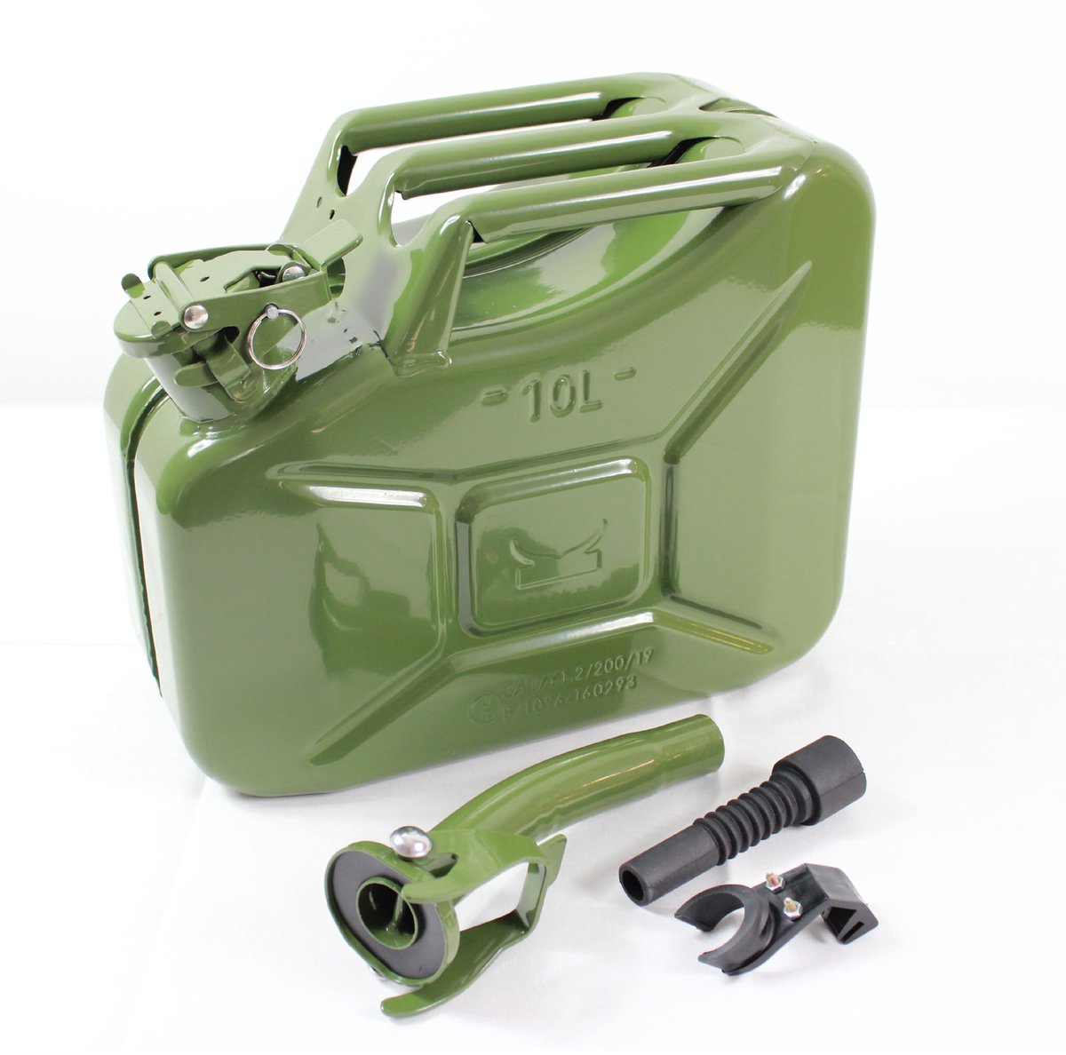 TRUTZHOLM Metalen Benzine Jerrycan 10L - Olijfgroen - Met UN-Goedkeuring - Inclusief Flexibele Schenktuit en Voertuighouder