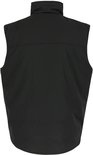 Achterkant van een zwarte bodywarmer met hoge kraag.