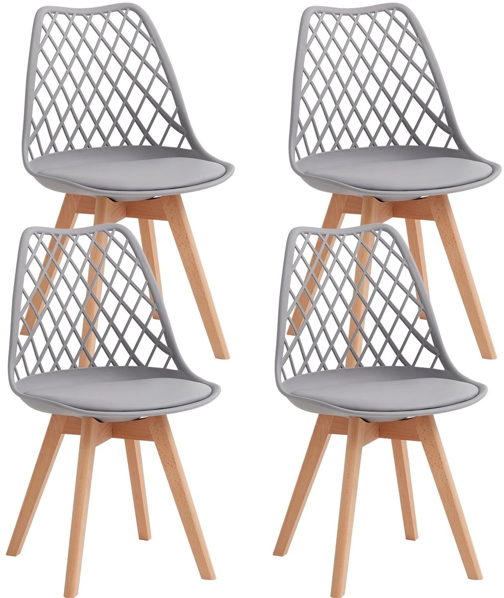 Questyr Set van 4 Eetkamerstoelen – Grijs – Scandinavisch Design – Mesh Rugleuning & Houten Poten – Comfortabele PU‑Lederen Stoelen voor Keuken & Eetkamer