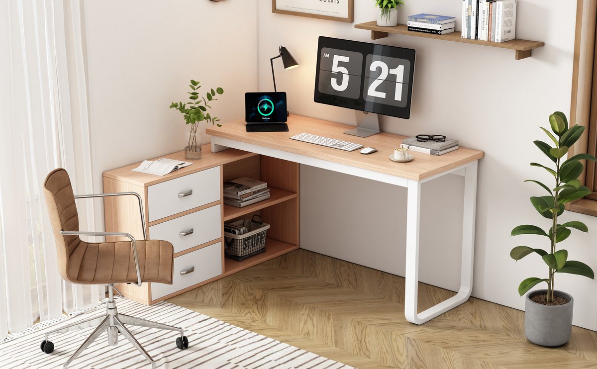Bureau Werktafel Computertafel Kantoor Bureau Met Lades Bruin MDF Staal Opslag Modern