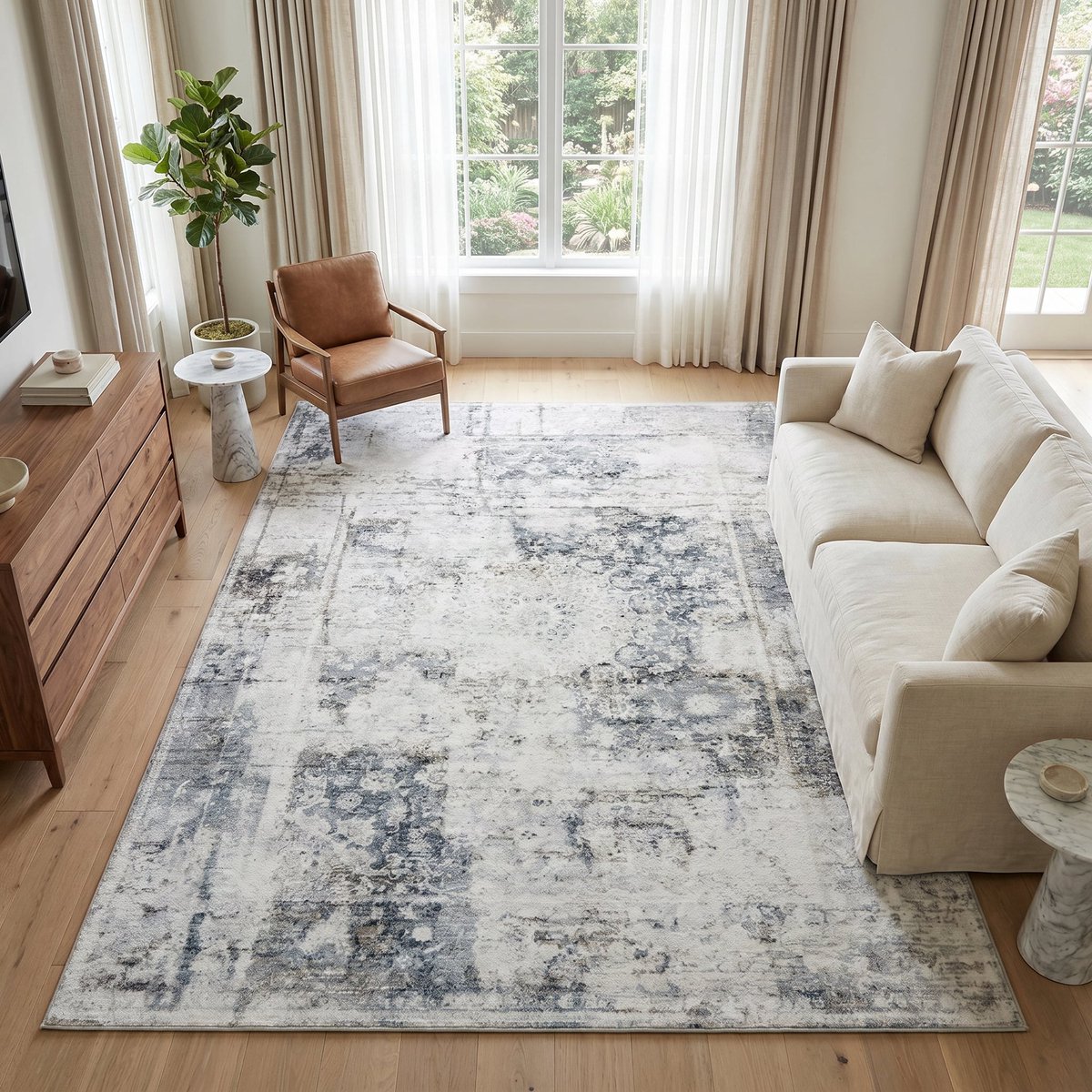 TAPISO Venezia Vloerkleed Woonkamer Laagpolig Blauw Grijs Ornament Abstract Antislip Tapij