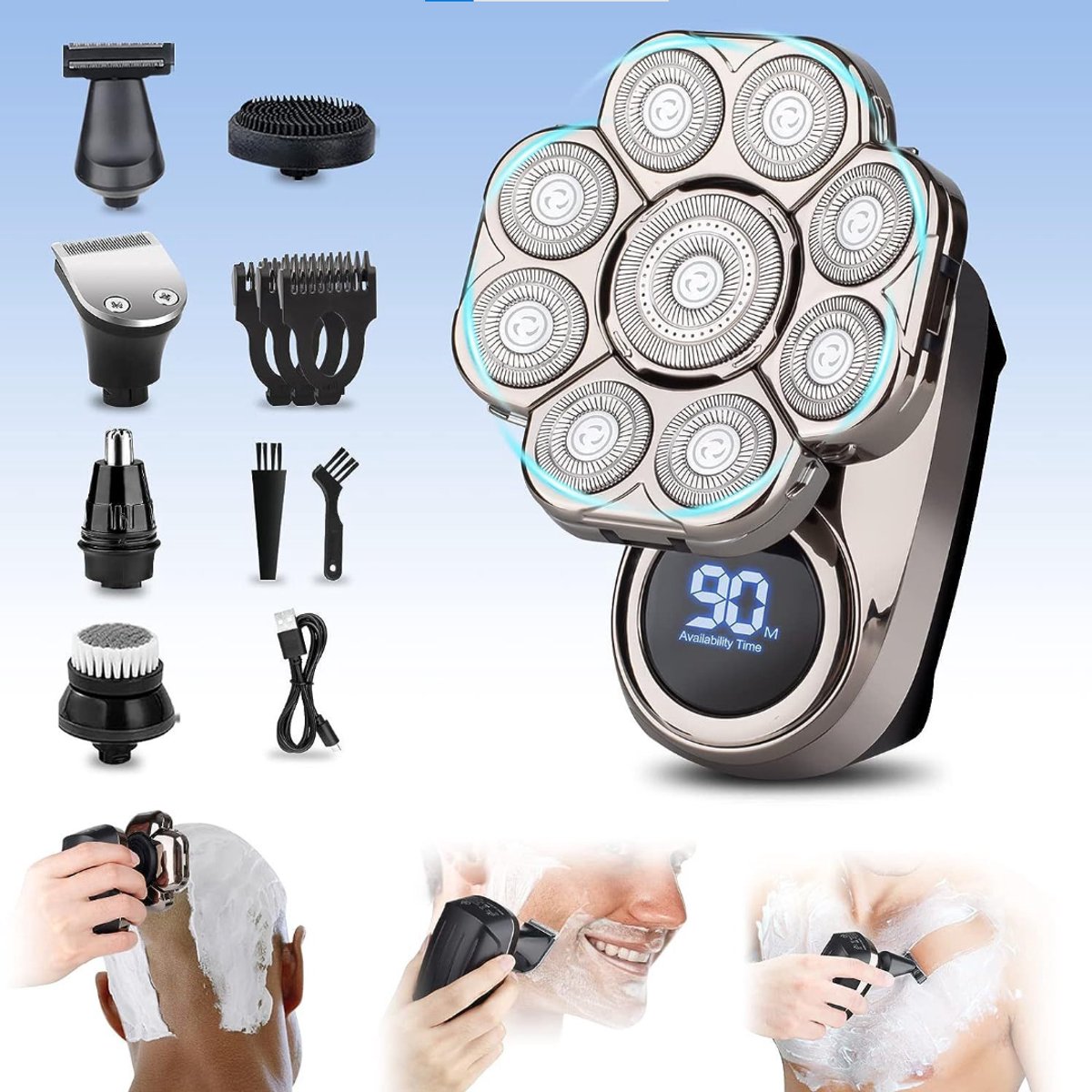 8-in-1 Elektrisch Kaal Hoofd Scheerapparaat voor Mannen – 0 mm Kale Hoofd Trimmer met LCD-scherm – 9 Zwevende Koppen – IPX7 – Gezichts- & Lichaamsscheerapparaat met Reinigingsborstel – Neustrimmer & Massage