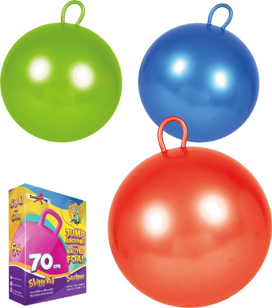 Groene, blauwe en rode skippyballen met handvat, met doos