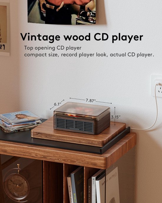 CD-speler met Bluetooth-luidsprekers, nostalgische retro draagbare CD-speler voor thuis, houten muziekspeler, FM-radio voor thuis, bedraad en met afstandsbediening - walnootbruin — afbeelding 2