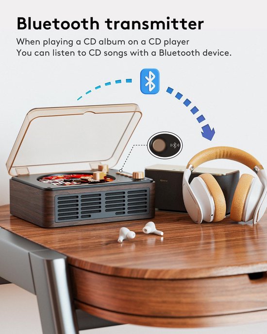 CD-speler met Bluetooth-luidsprekers, nostalgische retro draagbare CD-speler voor thuis, houten muziekspeler, FM-radio voor thuis, bedraad en met afstandsbediening - walnootbruin — afbeelding 4