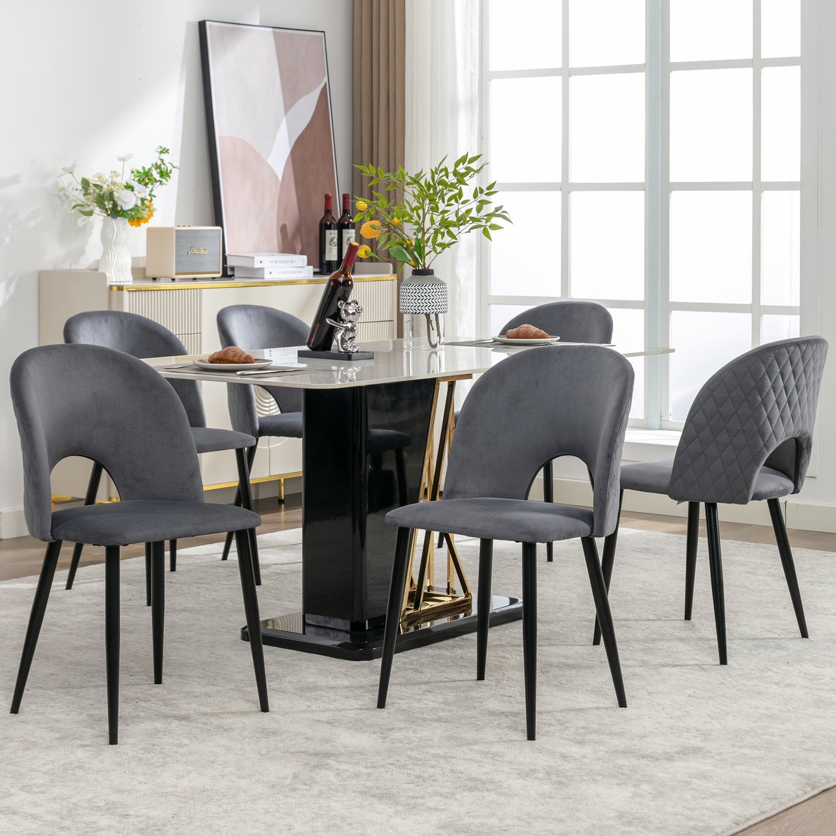 Clruro Eetkamerstoel - Onbekend - Eetkamerstoel set 6 stuks fluwelen design stoel met metalen frame en diamant rugleuning grijs - eetkamer - Onbekend - Grijs