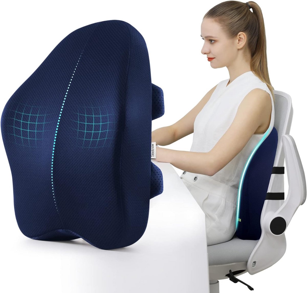 Lendensteun Kussen - Rugsteun Stoel - Comfortabel Zitten - Traagschuim Vulling - 44 x 38 cm - Marineblauw