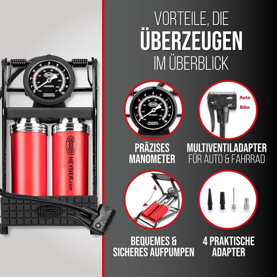 Voetpomp Dubbele Cilinder - Fietspomp Bandenpomp - Banden Oppompen - Met Precisie Manometer - Tot 10 Bar - Zwart — afbeelding 3
