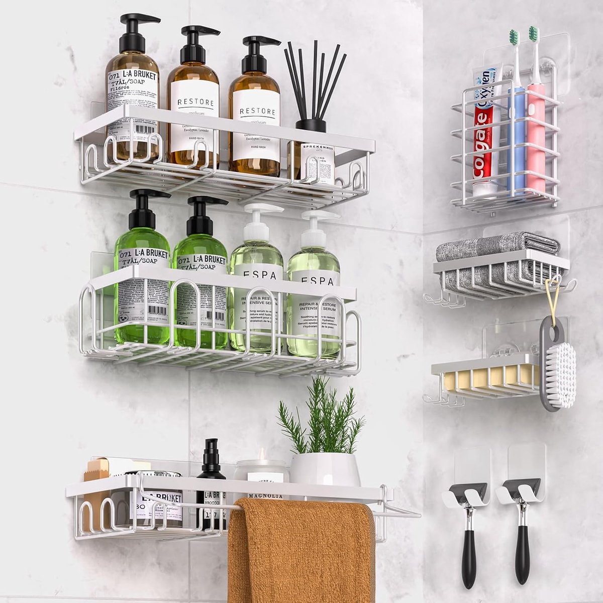 Douchecaddy Set - Badkamer Organizer - Spullen Opbergen - Zonder Boren - 9 Delig - Wit