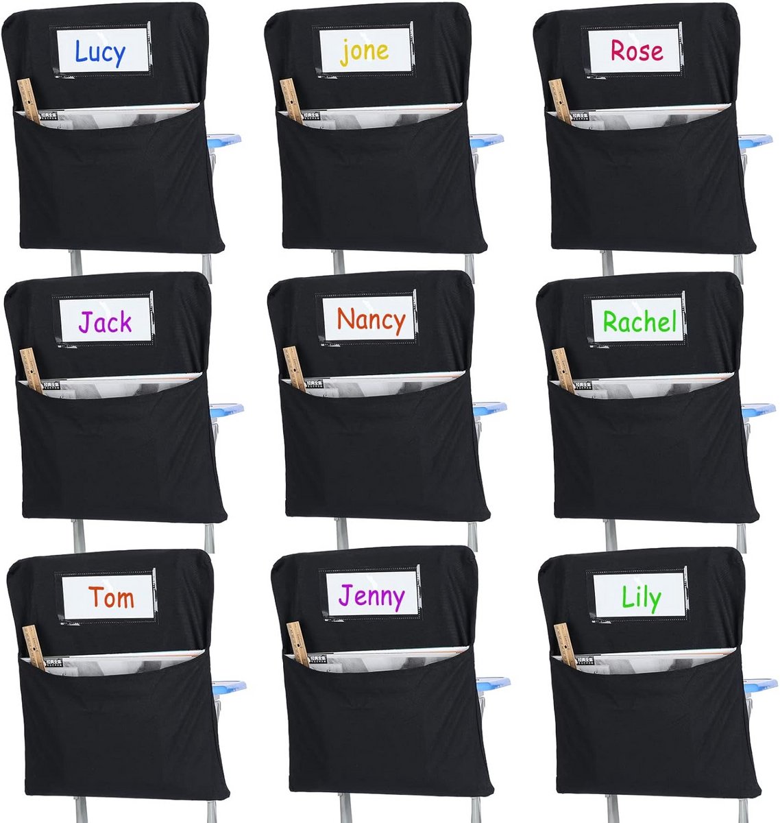 Stoel Opbergzakken - Klaslokaal Organizer - Schooltafel Organiseren - Met Naamlabel Houder - 24 Stuks - Zwart