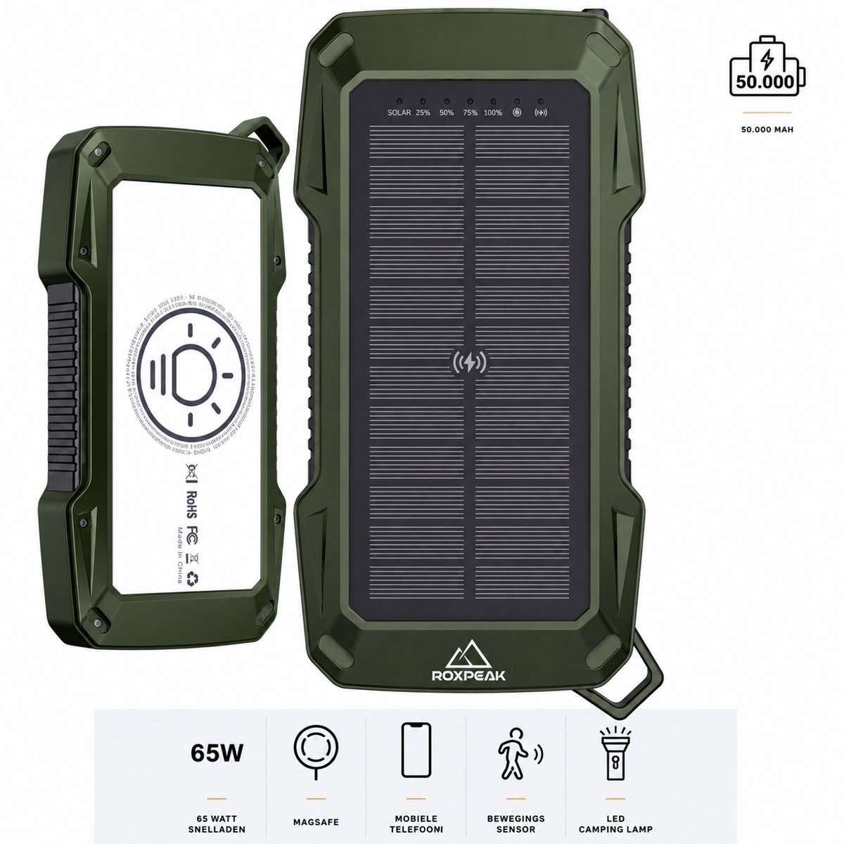 RoxPeak® Titancharge X2 - Solar Powerbank 50.000 MaH - 65W Snellader - Geschikt voor alle smartphones & Tablets - 2x USB A + 2x USB-C - LED Display - Kampeerlamp - Sensor Alarm - Outdoor - Noodpakket - Universeel - Groen