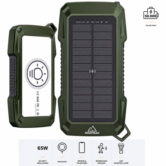 RoxPeak® Titancharge X2 - Solar Powerbank 50.000 MaH - 65W Snellader - Geschikt voor alle smartphones & Tablets - 2x USB A + 2x USB-C - LED Display - Kampeerlamp - Sensor Alarm - Outdoor - Noodpakket - Universeel - Groen