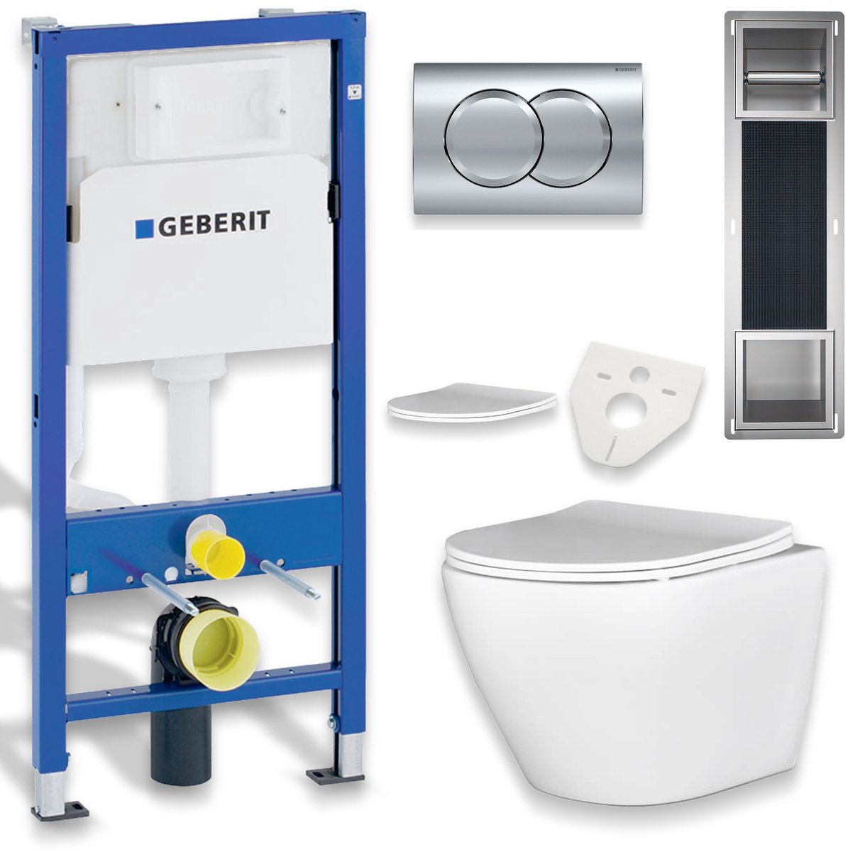 Badland Rolo toiletset - wandtoilet met inbouwreservoir, wandbox en bedieningsplaat chroom - wit