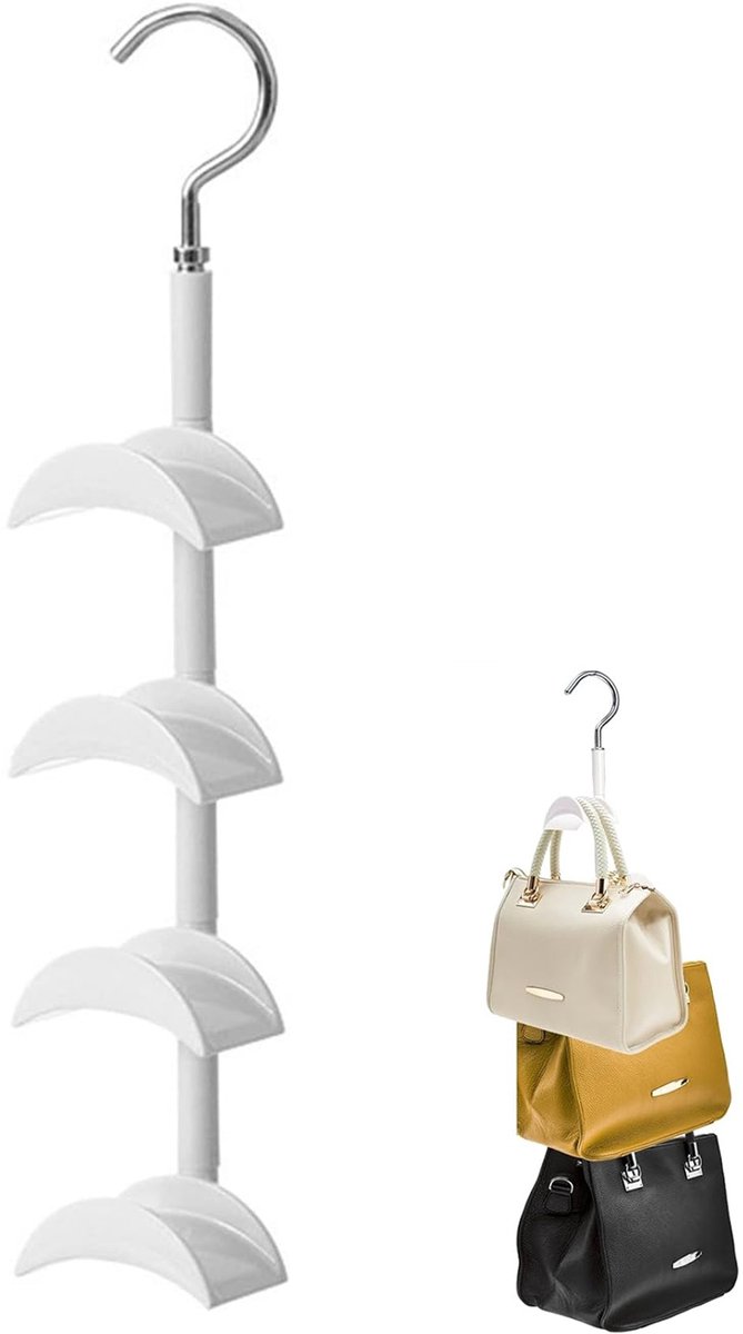 360° Draaibare Tassenhanger – Kast Organizer met 4 Haken – Ruimtebesparende Ophanghaak voor Handtassen, Rugzakken, Sjaals & Riemen – Wit 39 x 7 x 4 cm