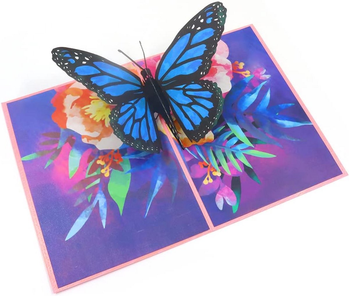 Vlinder Pop Up Kaart - Wenskaart 3D - Verrassing Cadeau - Handgemaakt Ontwerp - 13 x 18cm - Blauw