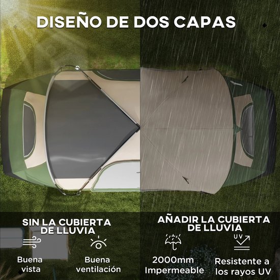 Roossentials tent - Familiecampingtent - Familie tent - Camping tent - 6 tot 8 personen - Voor camping - Olijfgroen - 2 kamer tent - Inlcusief draagtas — afbeelding 2