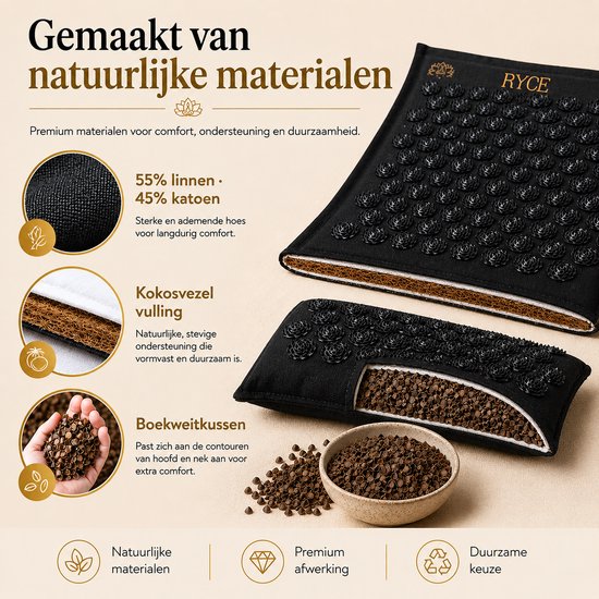Zwarte spijkermat met kussen, close-up van linnen, katoen en kokosvulling. RYCE logo.