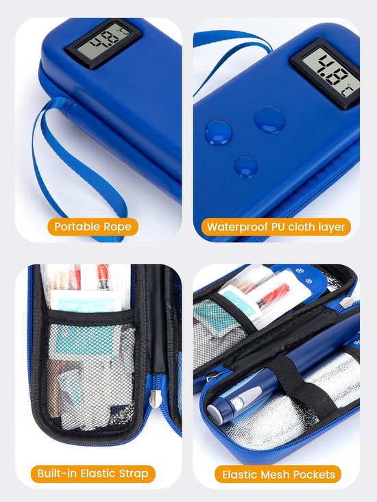 Insuline Koeltas met 2 Koelelementen - Met °C Temperatuurweergave - Diabetes Koeltas - Insulinepennen koeltas - Diabetische Reistas - Insuline Etui - Koelbox - Koeltasje Voor Op Reis - Koeltas voor Insulinespuit - Koelt Medicatie 6-8 uur lang - Blauw — afbeelding 5