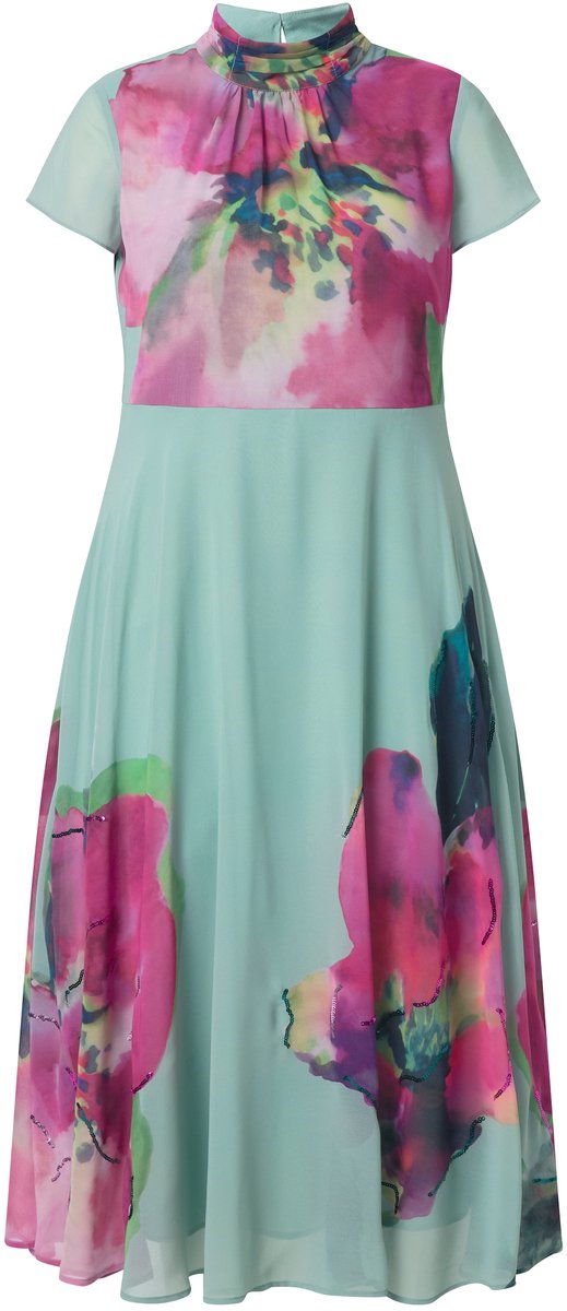 Ulla Popken - Dames - Maxi-jurk bloemen pailletten opstaande kraag mouwloos - Bes - Maat 46