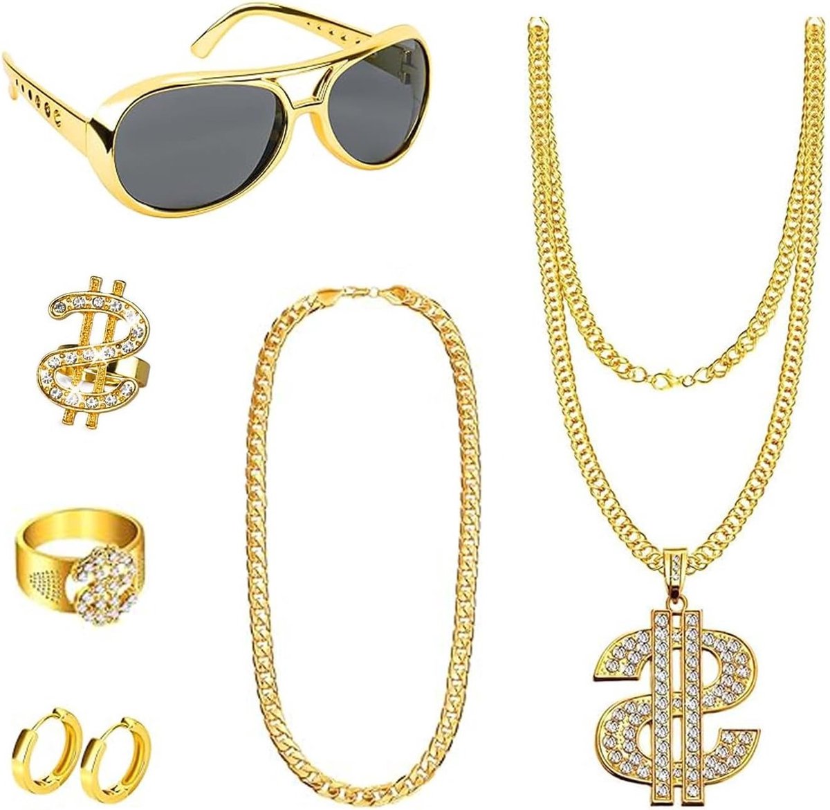 Complete 8-delige cosplay accessoireset met gouden ketting, retro zonnebril, oorbellen en ringen voor carnaval en hiphop kostuums