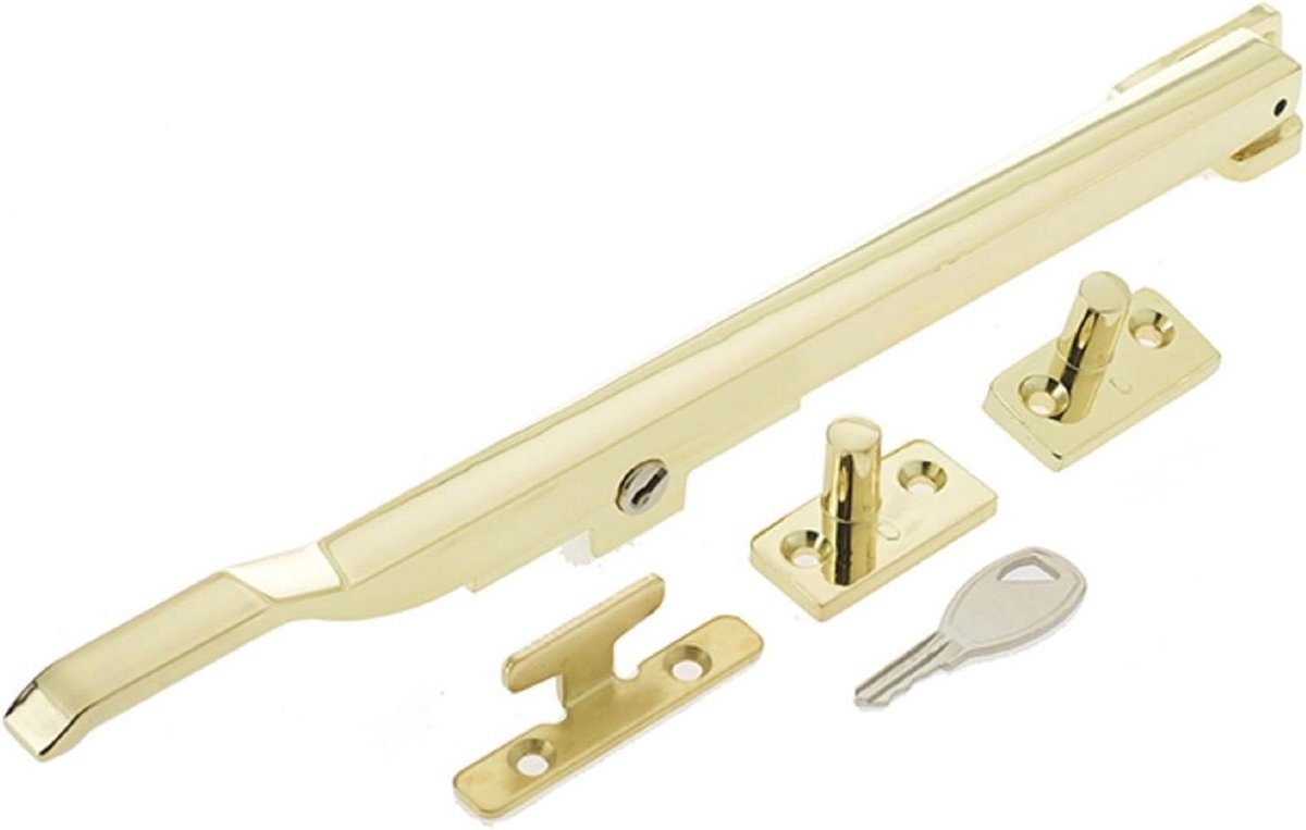 Window clamp for wing windows, lockable, modern and modern design, 250 mm Polished brass.
