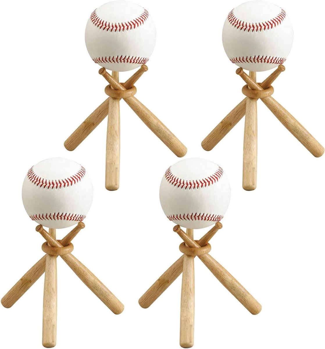Honkbal Stand - Bal Houder - Sport Display - Houten Materiaal - 4 Stuks - Natuurlijk Hout
