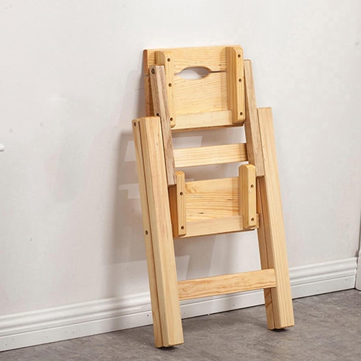 Opklapbare Ladder Kruk - Houten Opstapje - Huishoudelijk Hulpje - Massief Hout - 64 cm Hoog - Naturel