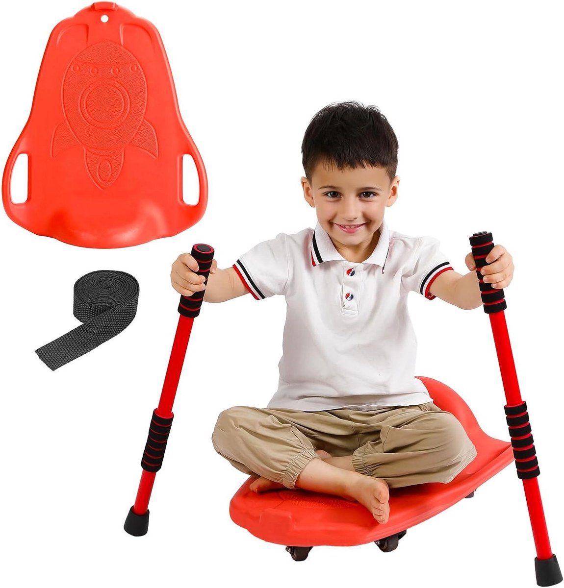 Scooter Board Kinderen - Sport Zitscooter - Binnen Sporten - Met Peddels En Touw - 50 x 43.5 cm - Rood