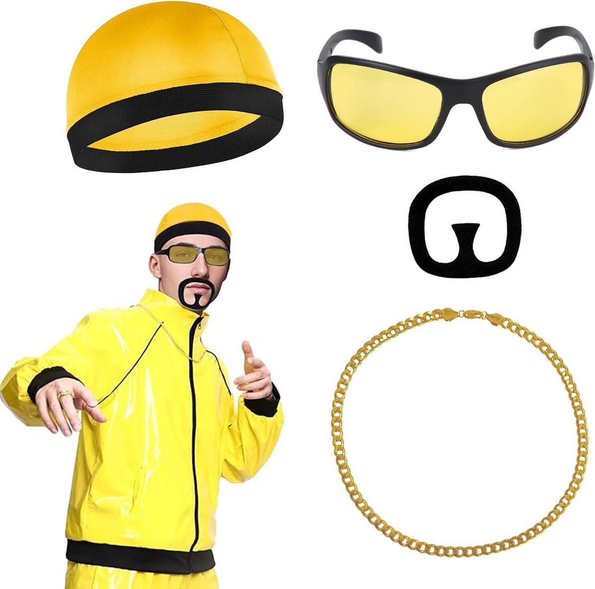 4-delige 80s Kostuumset voor Mannen met Gouden Ketting, Hippie Zonnebril en Accessoires voor Halloween en Disco Feestjes