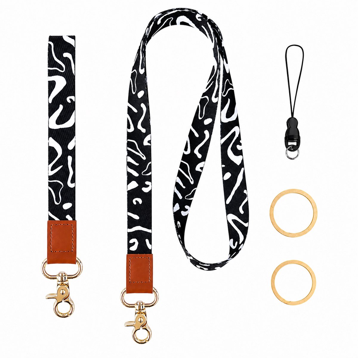 Keycord Set Zwart Wit 5-Delig – 2 Luxe Lanyards met Sleutelringen en Telefoonkoord – Nylon Keycord voor Sleutels, Auto & Telefoon