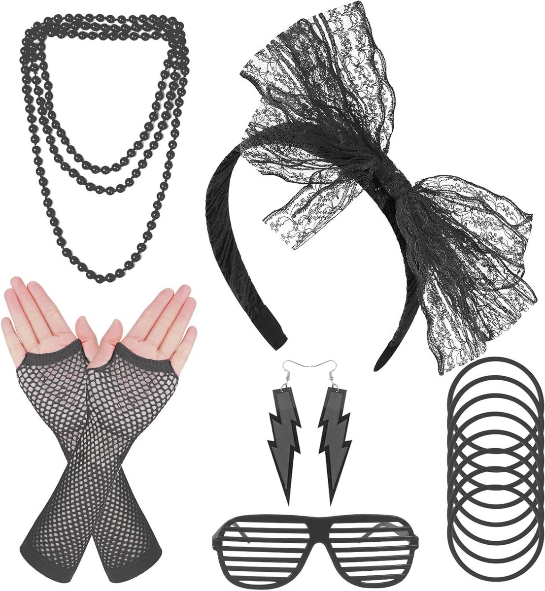 Jaren 80 kostuum accessoires set voor vrouwen, neon hoofdband, oorbellen en visnet handschoenen voor retro feestoutfits
