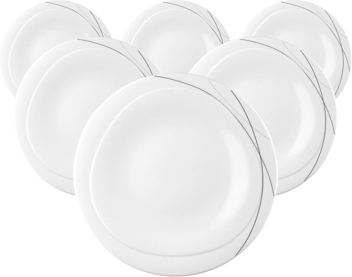 Platte Borden - Dinerborden Set - Eten Serveren - Vaatwasserbestendig - 6 stuks 28 cm - Wit met lijnen