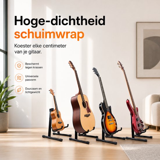 Vier zwarte gitaarstandaards, elk met een andere gitaar: ukelele, akoestische, elektrische en basgitaar.
