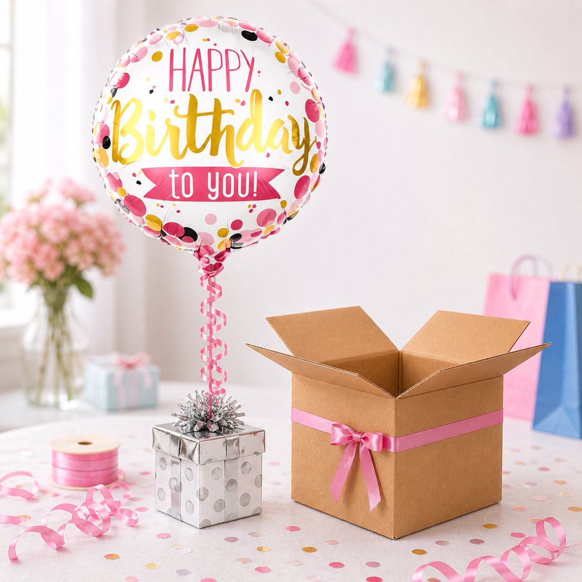 EasyMart - Helium Folieballon Happy Birthday 18 inch - 45 cm – Helium gevuld – Met lint & ballongewicht – 1 stuk - Roze