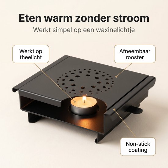 Lomera Warmhoudplaat - Rechaud op Waxinelichtje - Voedselverwarmer - Schotelwarmer - Bordverwarmer - Non-Stick Coating - Warmhouder - Theelichthouder - Tafelwarmer - Handvaten - Afneembaar Rooster - Kaarsjes - Zwart — afbeelding 2