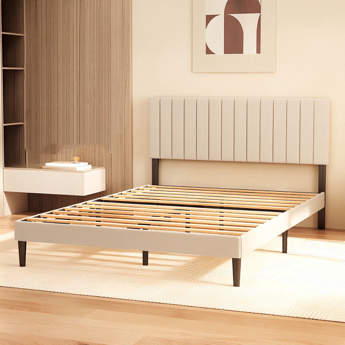 Auralum Max Gestoffeerd Bedframe - 140x190 CM - Heavy Duty Metalen Bedframe - Bedplaats Met Plat Noedelsframe en Verstelbaar Hoofdbord - Tweepersoonsbed - Opbergruimte Onder Het Bed - Beige