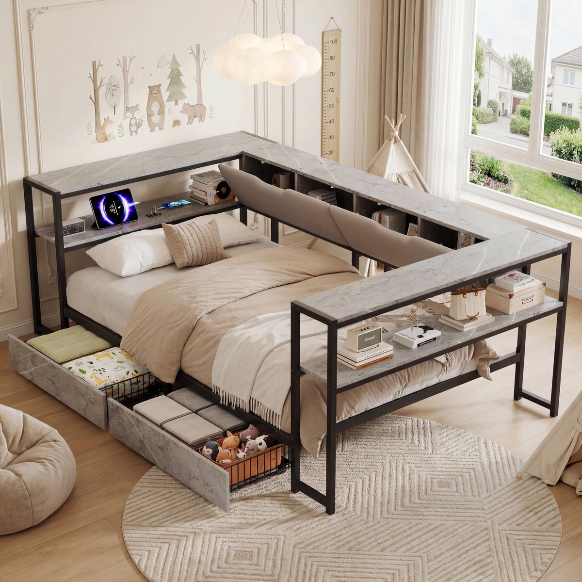 BLACKCOLORS Gestoffeerd bed slaapbank dagbed 90x200 met USB- en Type-C-oplaadstation, dagbed, jeugdbed met 2 lades en metalen lattenbodem, betonkleur