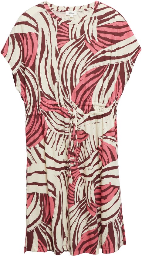 Damesjurk met wijde mouwen, ceintuur in de taille en een abstracte print in bruin, roze en off-white.