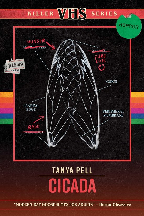 Boekcover van "Cicada" uit de "Killer VHS Series" met een gedetailleerde anatomische tekening van een insectenvleugel in het midden, met labels zoals "Hunger", "Rage" en "Pure Evil".