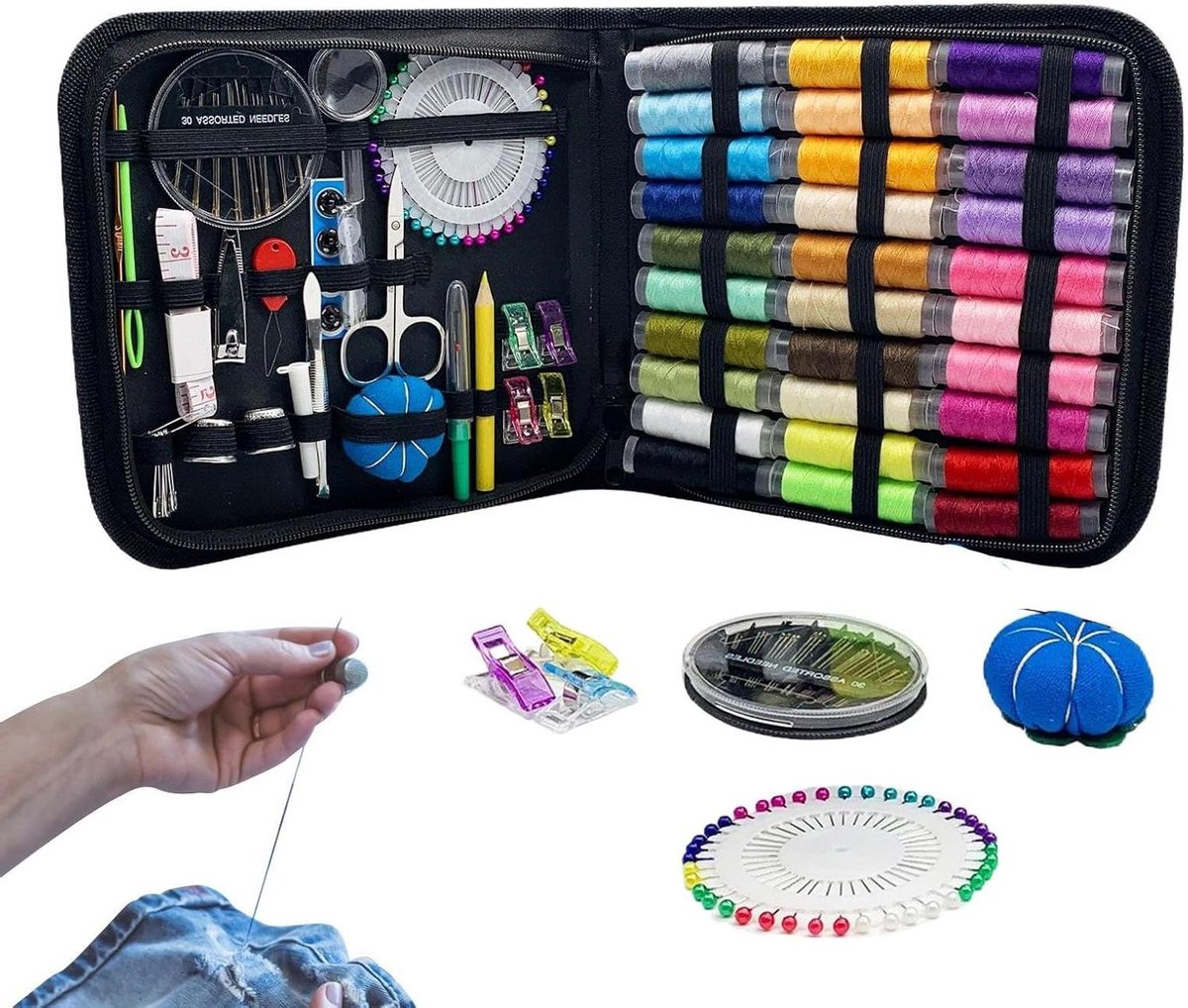 Naaiset Compleet - Naaispullen Set - Kleine Reparaties - 131 Delige Kit - Compacte Tas - Zwart