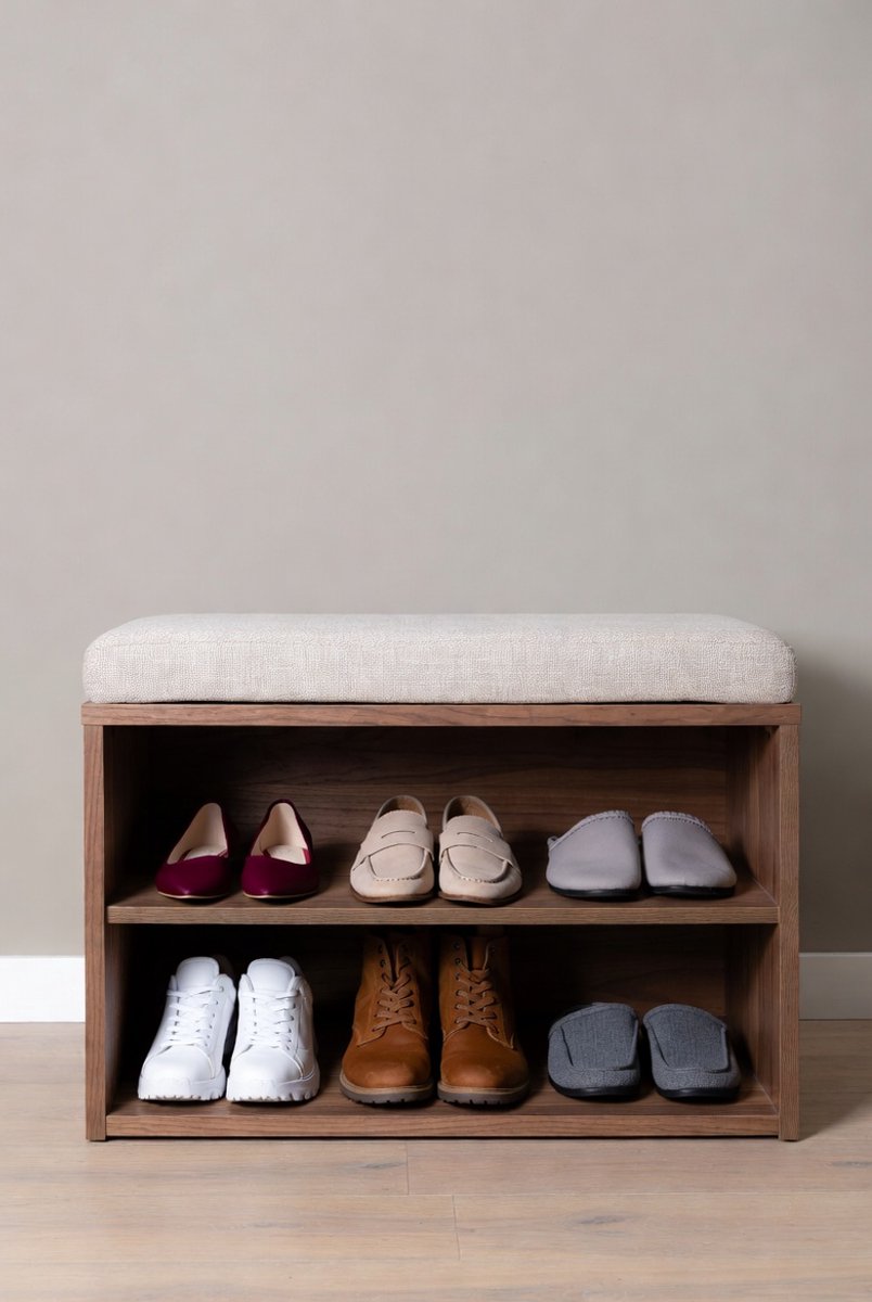 Bamboo Shoe Bench with Seat Cushion and Drawer, 2-Step Storage Bench with Shoe Rack for Hallway, Bedroom or Entrance, Walnut-Ganeey