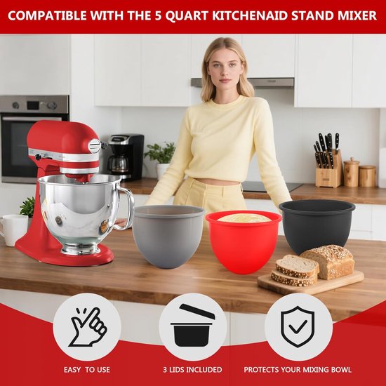 Siliconen Kom Voering - Mixer Kom Deksel - Keuken Mixer Gebruik - Voedselveilig Hittebestendig - 5 Quart - Zwart Rood Grijs van Merkloos — afbeelding 2